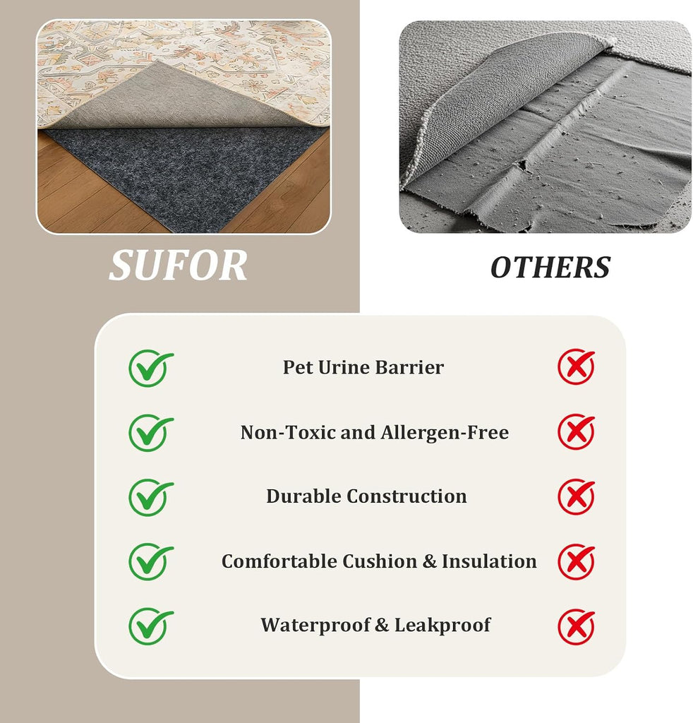 9x12 Ft Non Slip Rug Pad, Dual Surface Felt and Rubber Gripper Backing, 1/4 inch Thick Carpet Liner for Hardwood - Set of 108