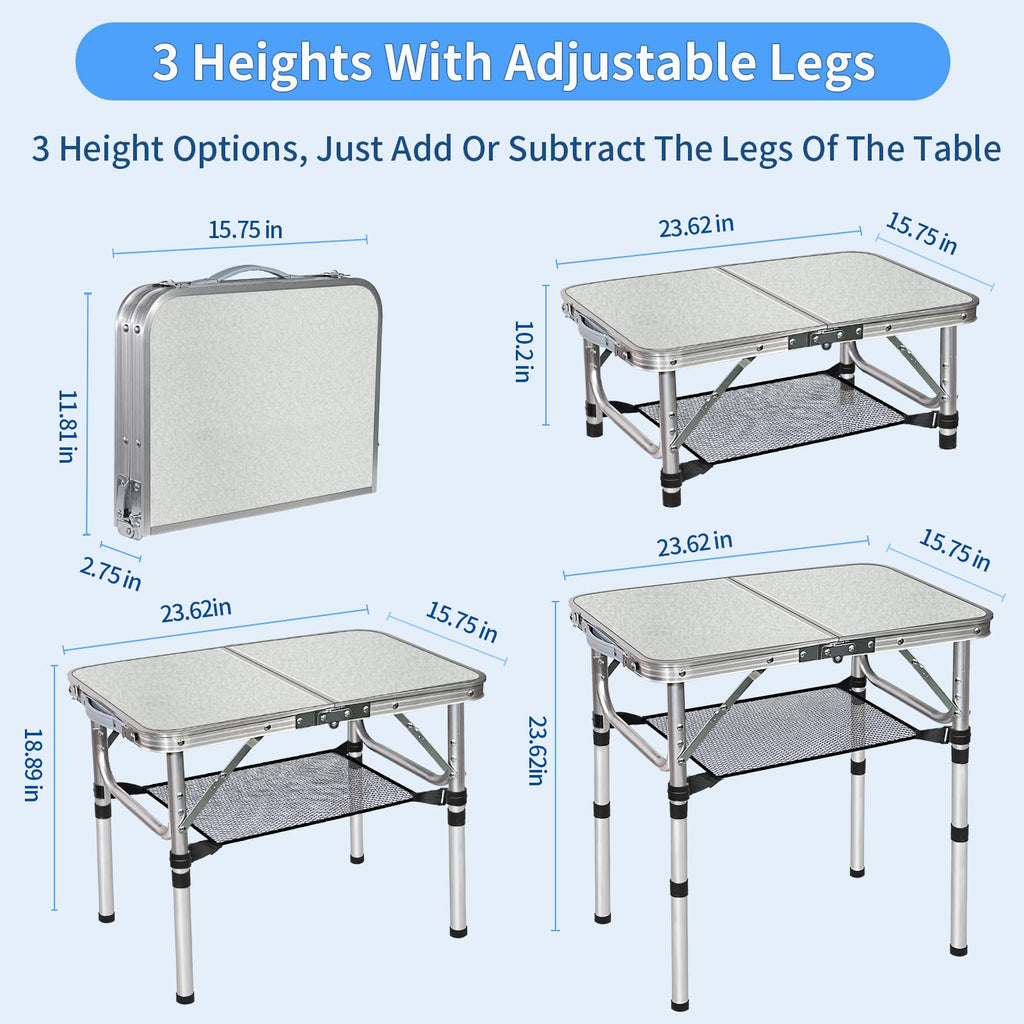 Small Folding Table with Storage Net, 24" x 16" Portable Foldable Camping Table with 3 Adjustable Height, White Metal