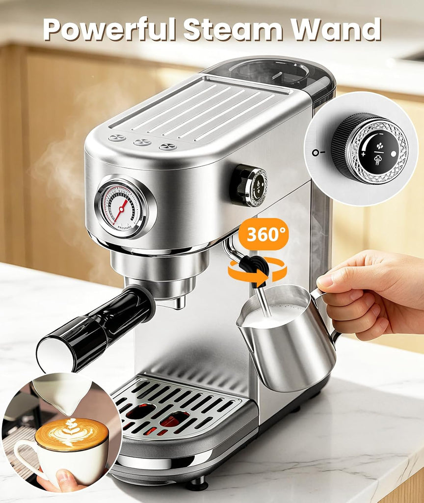 Espresso Machine with Milk Frother, 20 Bar Pressure Espresso Maker | with 44OZ Removable Tank, Compact Stainless