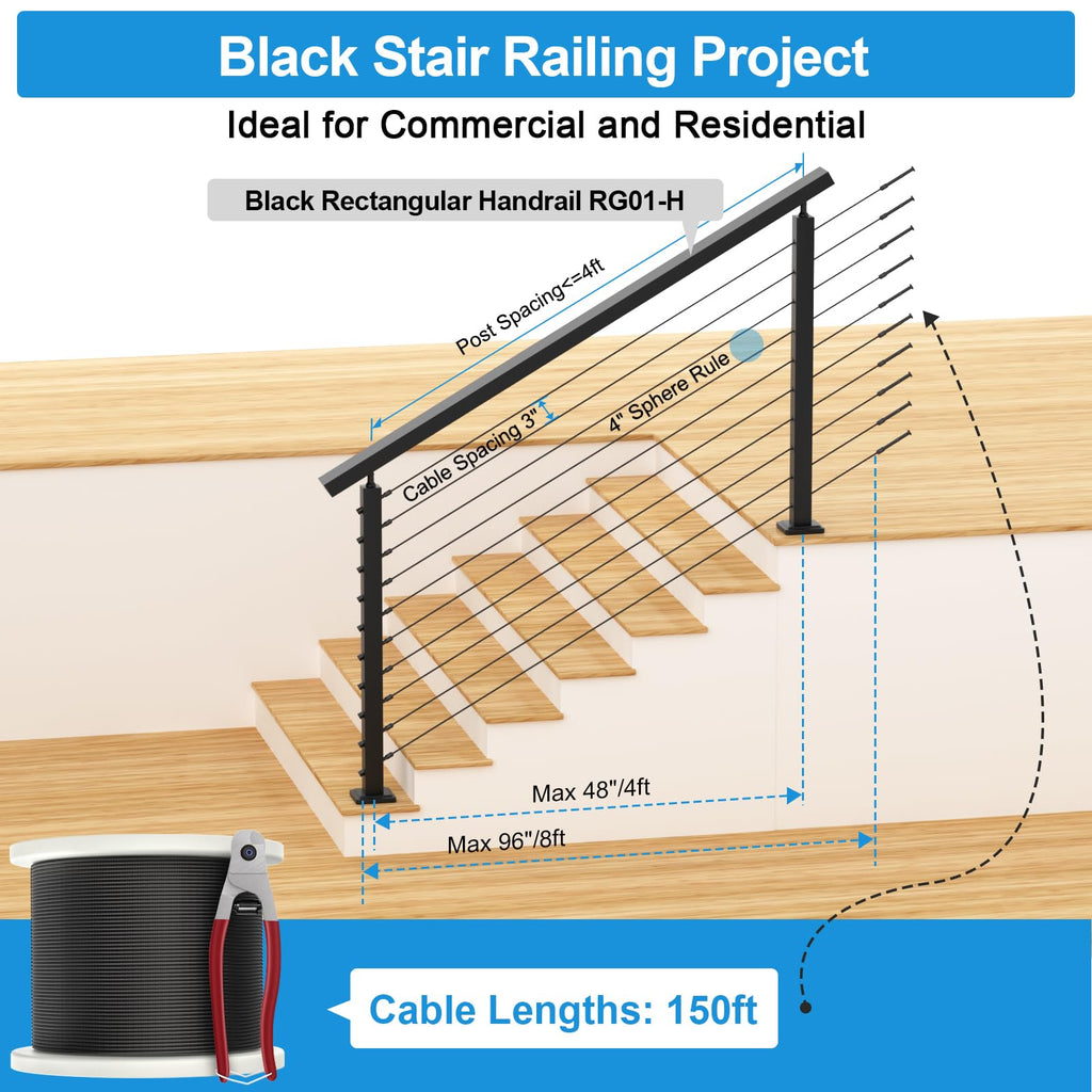 RalinGo 4FT-8FT Swageless Cable Railing Post Kit with Handrail for Stairs, 36" T304 Stainless Steel Deck Cable