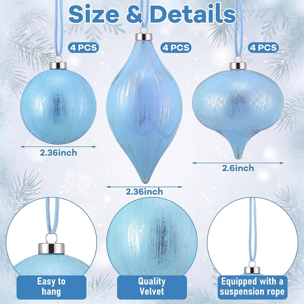 Farmhouse Christmas Ball Ornaments, Baby Blue - Set of 12