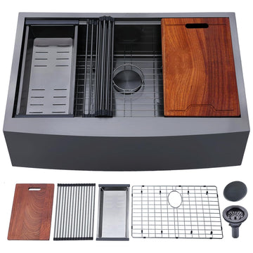 Black Farmhouse Sink 33 Inch, 33x22 Apron Front Black Farm Sinks 16 Gauge Stainless Steel, Undermount Workstation