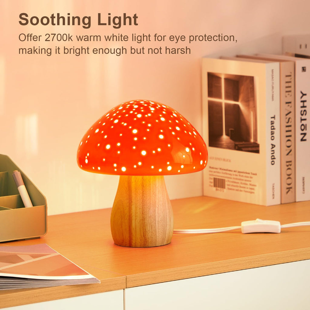 Mushroom Lamp Ceramic Bedside Table Lamp, Red