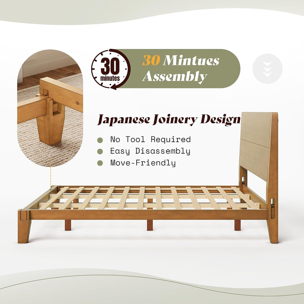 Solid Wood Queen Bed Frame with Headboard, Japanese Joinery, Brown