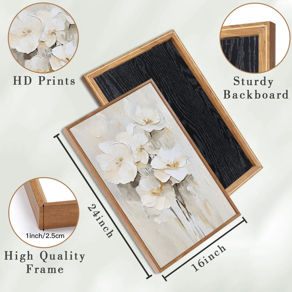 Framed Neutral Beige Floral Wall Art Large 16x24 Inch White Cream Flower Canvas Wall Decor Modern Botanical Farmhouse