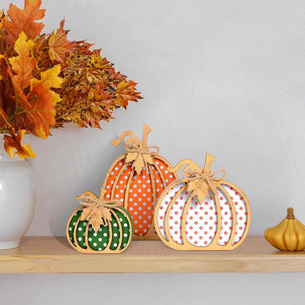 Fall Decorations, 3-Piece Wooden Pumpkin Fall Decor, Rustic Farmhouse Indoor Autumn Thanksgiving Decorations - Set of 3