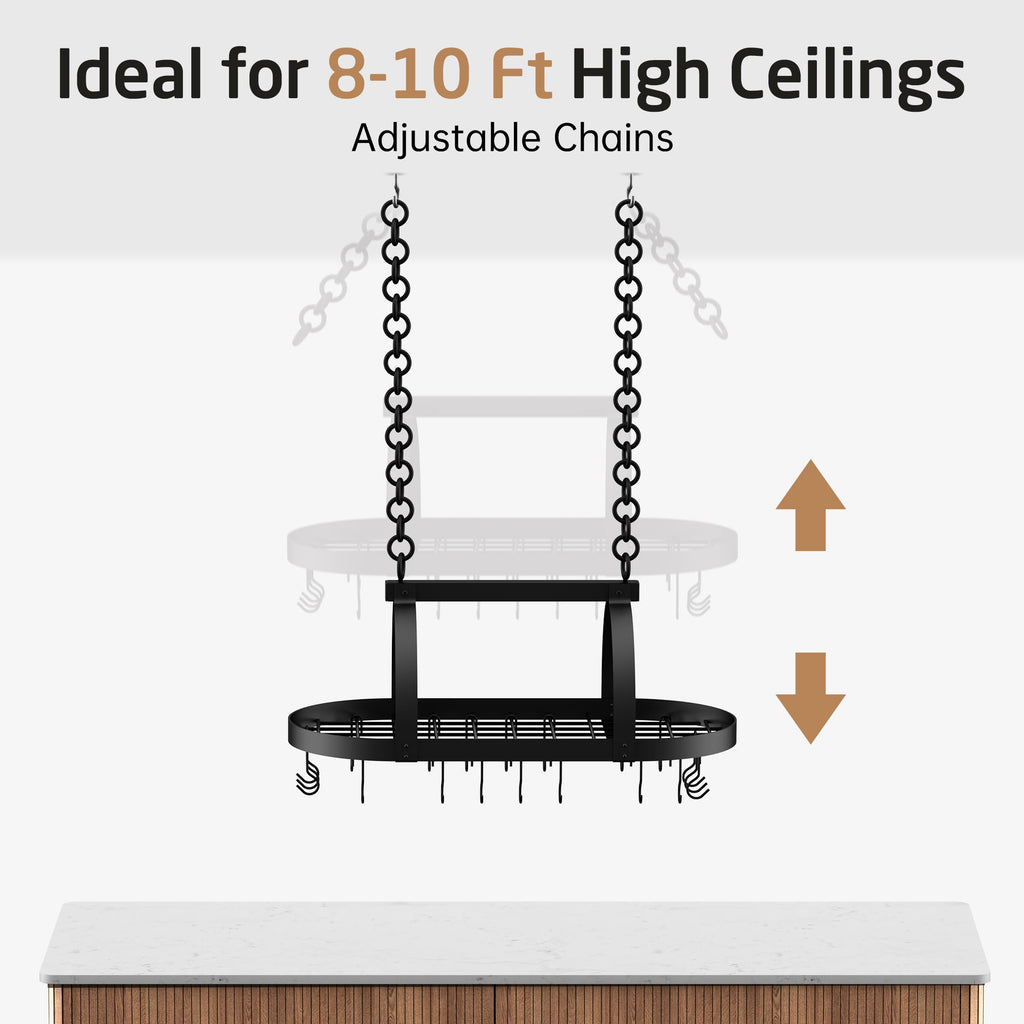 Ceiling Pot Rack 34-Inch Hanging Pot Rack Oval Pot and Pan Rack Matte Black Pot Hanger with 20 S Hooks (For 16"