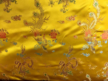 Chinese Faux Silk Dragon Peacock Brocade Satin Fabric (Yellow Gold)