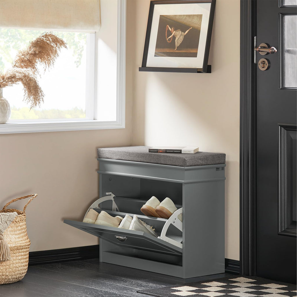 Grey Hallway Shoe Bench, Narrow Shoe Rack with Adjustable Shelf, Small Shoe Cabinet with 1 Flip-Drawer and Seat