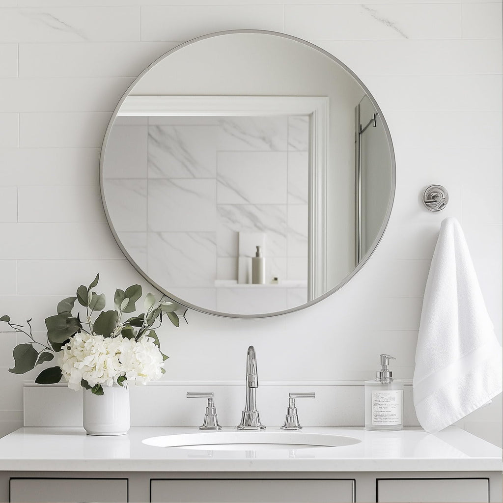 Round Mirror, 26 inch Silver Circle Mirror,Bruhsed Nickel Metal Frame
