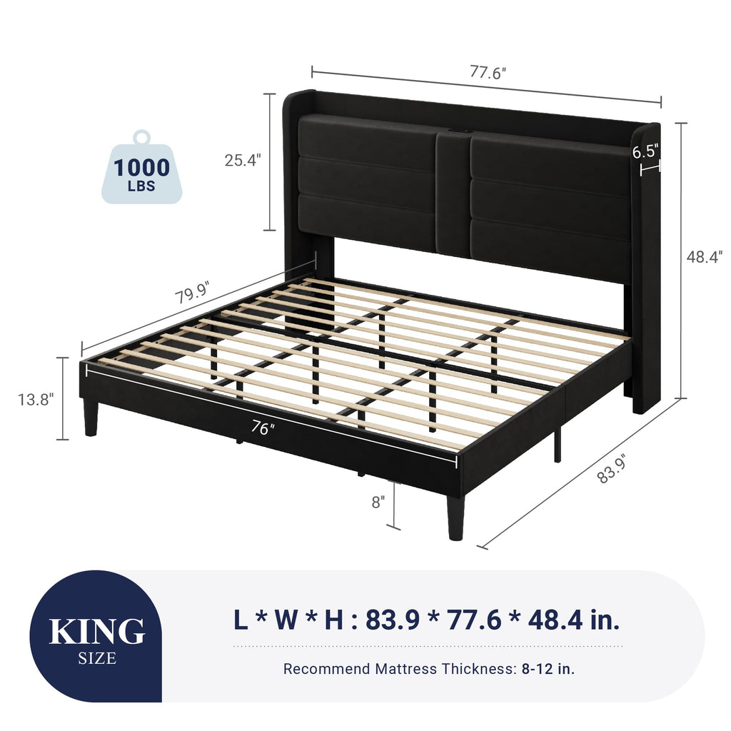 King Size Platform Bed Frame with Charging Station & Storage Headboard, Upholstered Velvet Wingback Design & USB
