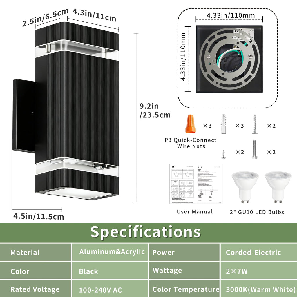 Dusk to Dawn Square Outdoor Wall Lights, Up and Down Porch Lights, Black