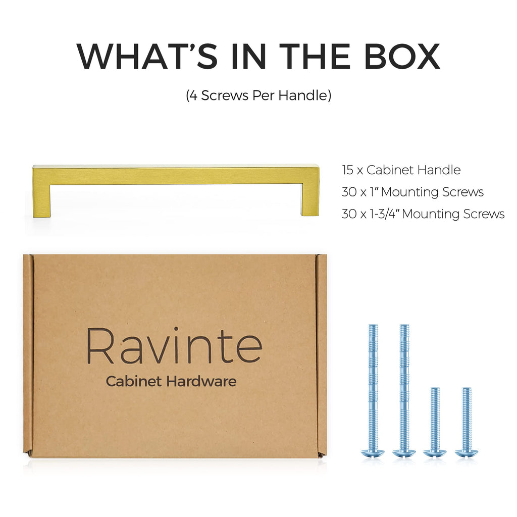 Brushed Brass Kitchen Square Cabinet Handles 7-1/2 Inch 15 Pack