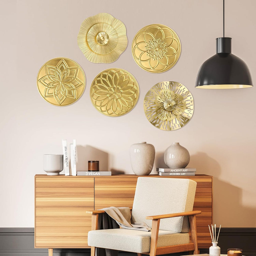 Inch Gold Metal Wall Art Decor Hanging Metal Flower Plate Modern Accent Wall Decorations Living Room Office - Set of 5