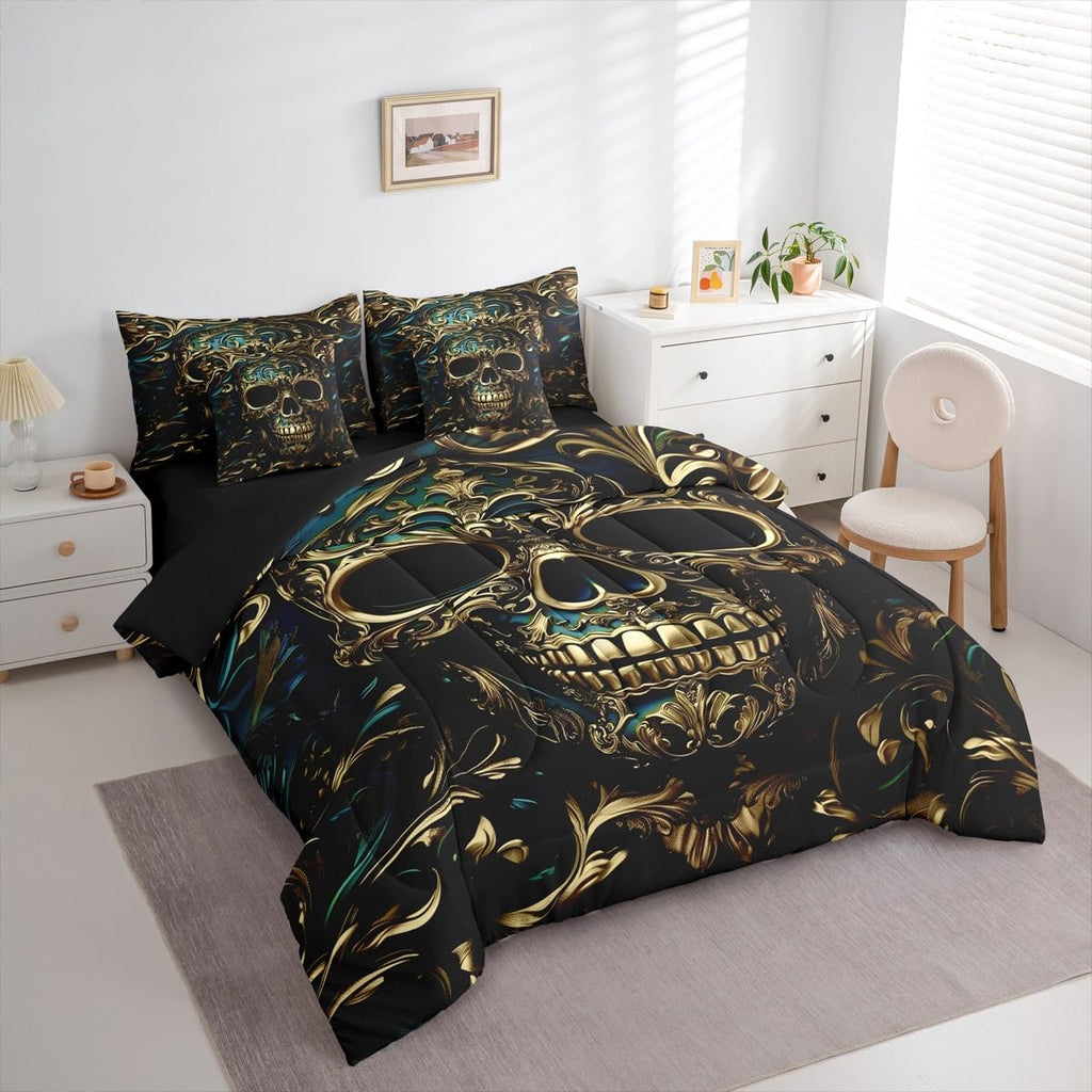 Gothic King Size Comforter Sets with Sheets, Gold Skeleton 7 Piece Bedding Set Sugar Skull Black Damask Bed in a Bag