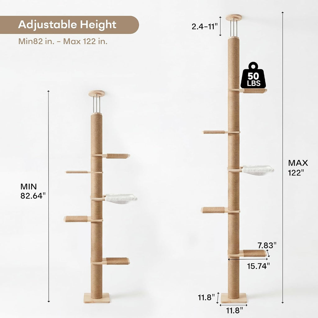 Floor to Ceiling Cat Tree, 5 Tier Adjustable Height Climbing Tower