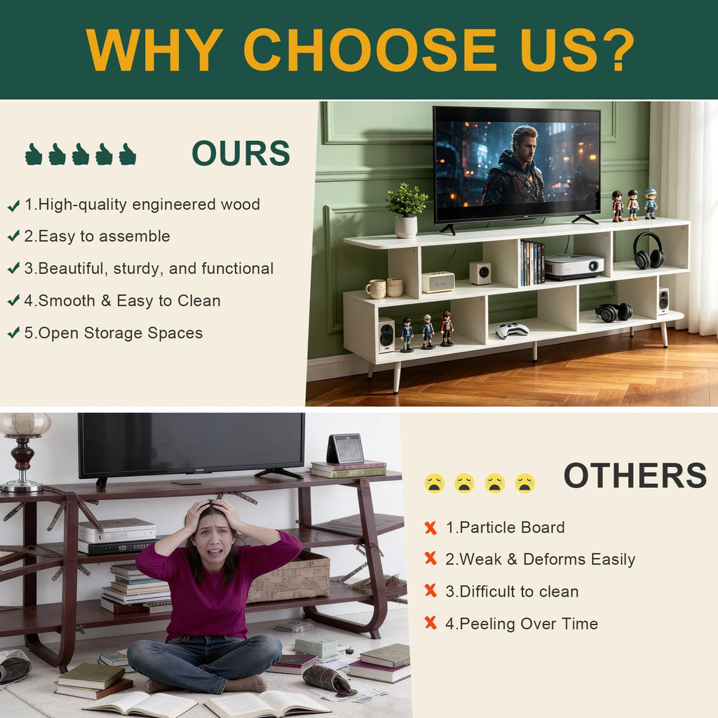 65" White TV Stand with Power Outlet for TVs up to 75", Large Entertainment Center with 8 Open Shelves, Media Console