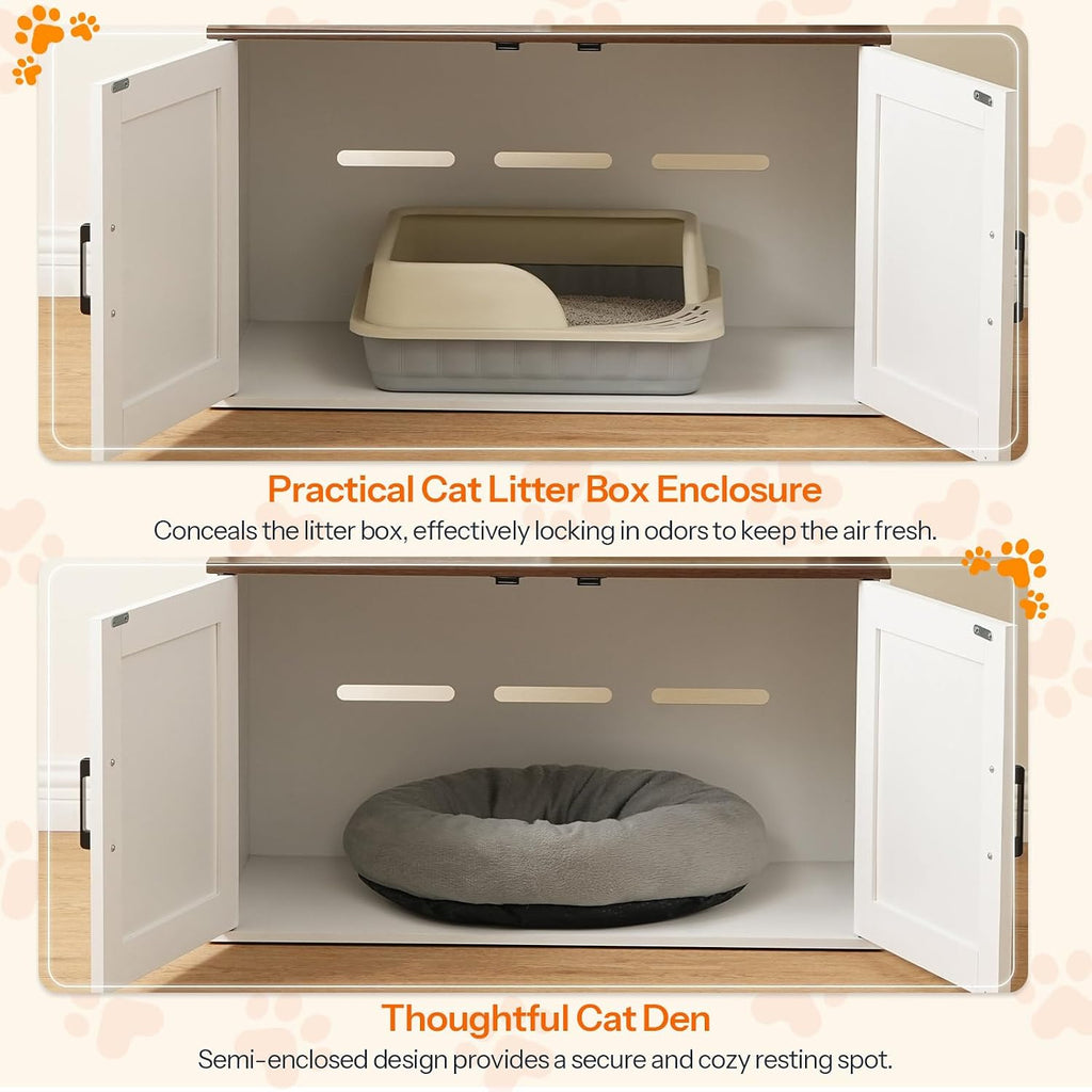Cat Tree with Litter Box Enclosure, 65.7'' Modern Cat Tower, 2-in-1 Cat Furniture with Cat Condo, Food Station