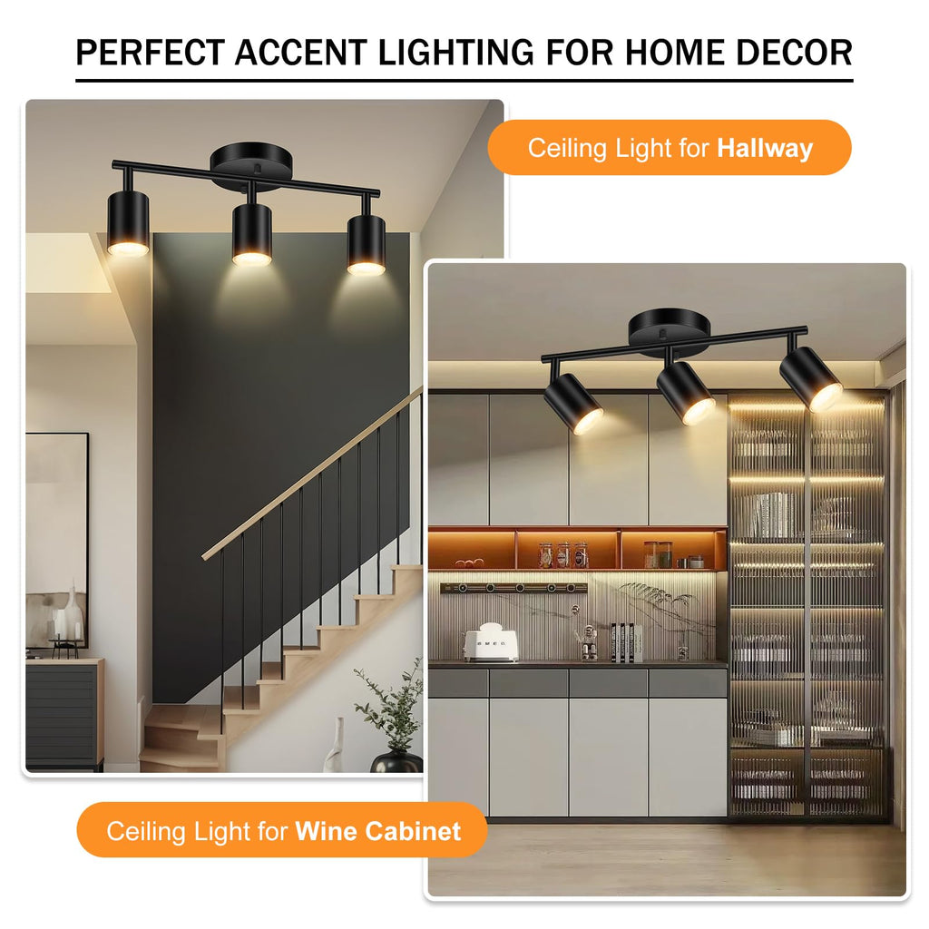 LED Track Lighting Fixtures Ceiling, Black 3-Light Track Lights, 3 Way Ceiling Spotlight, Flexibly Rotatable Wall