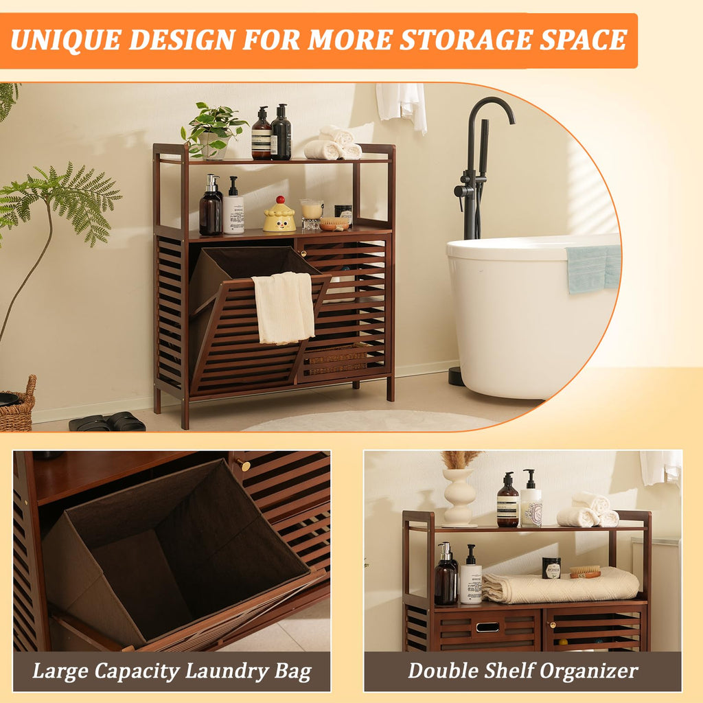 Tilt Out Laundry Hamper, Bamboo Double Laundry Hamper with Shelf