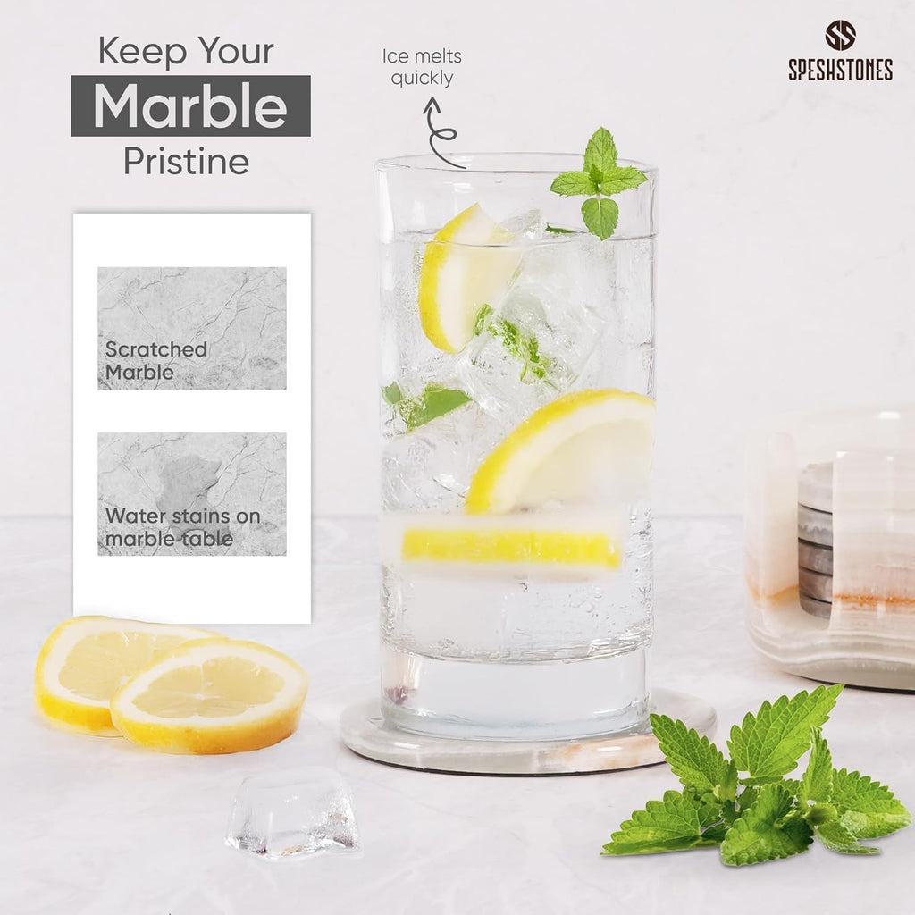 Marble Coasters Cream Onyx 3.5 Inch Round Stone Coaster for Drinks with Holder - Ideal Drink Coasters - Set of 6