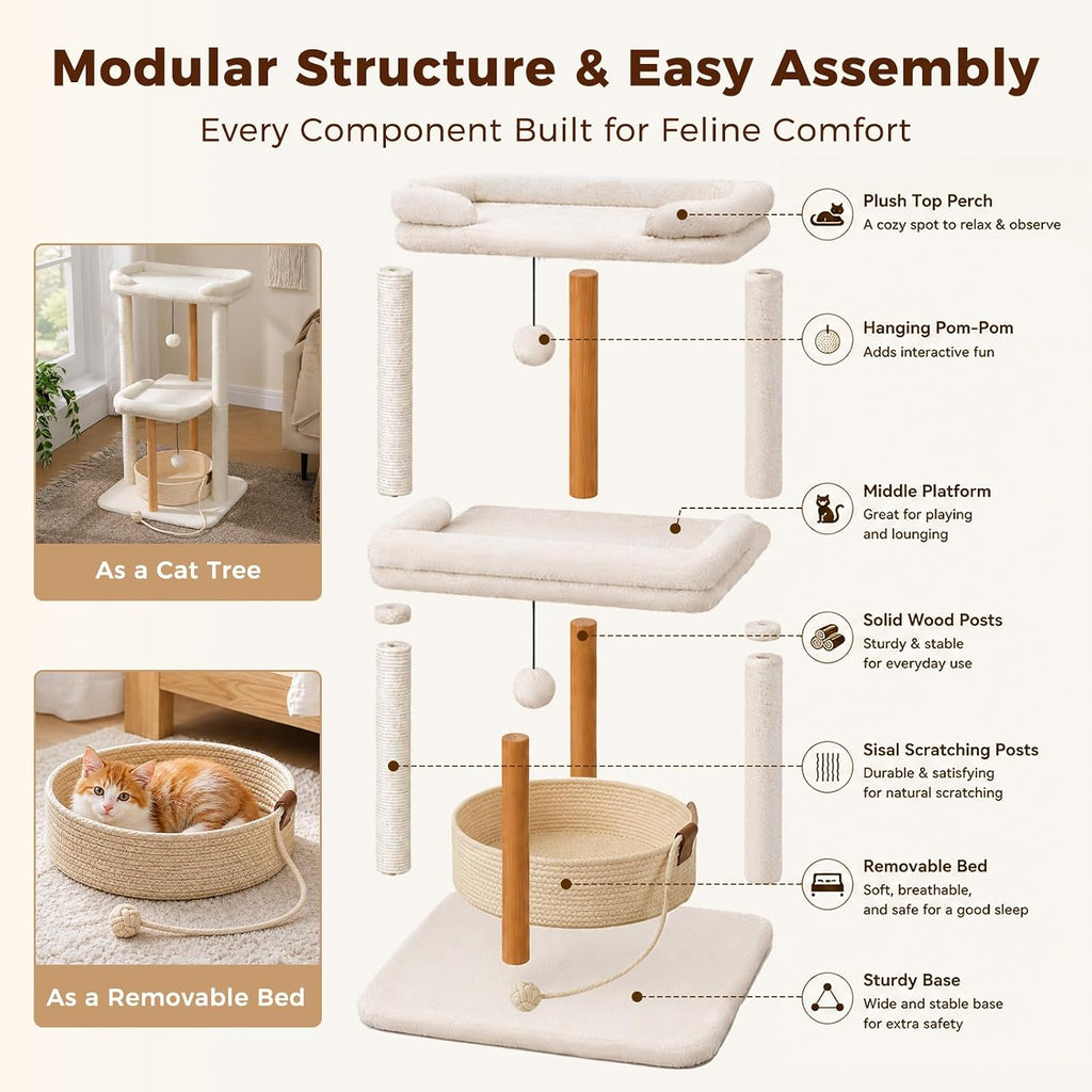 Modern Cat Tree Removable Woven Bed, Wood Cat Tower for Indoor Cat