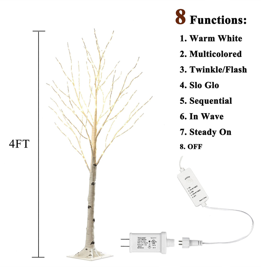 Lighted Birch Tree with 200L Multi Color and Warm White Fairy Lights 8 Functions 4FT, White Twig Tree with Lights for