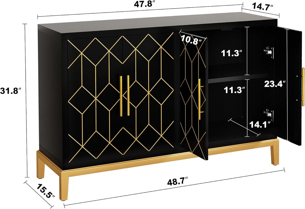 Accent Cabinet with 4 Doors&Shelves, Sideboard Buffet Cabinet with Gold Trim, Modern Black Storage