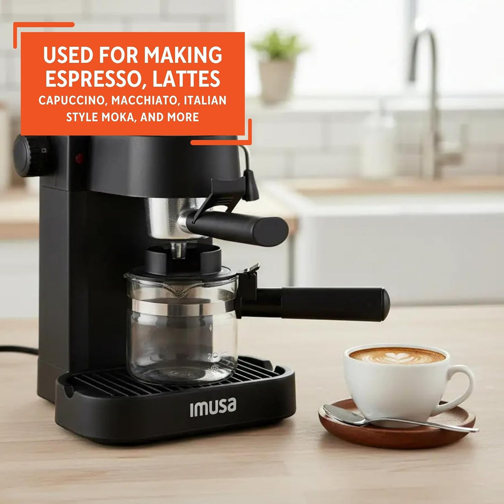 4 Cup Electric Espresso Cappuccino Coffee Maker, Black | Matte Finish, Milk Frother for Creamy Foam, Cappuccino and