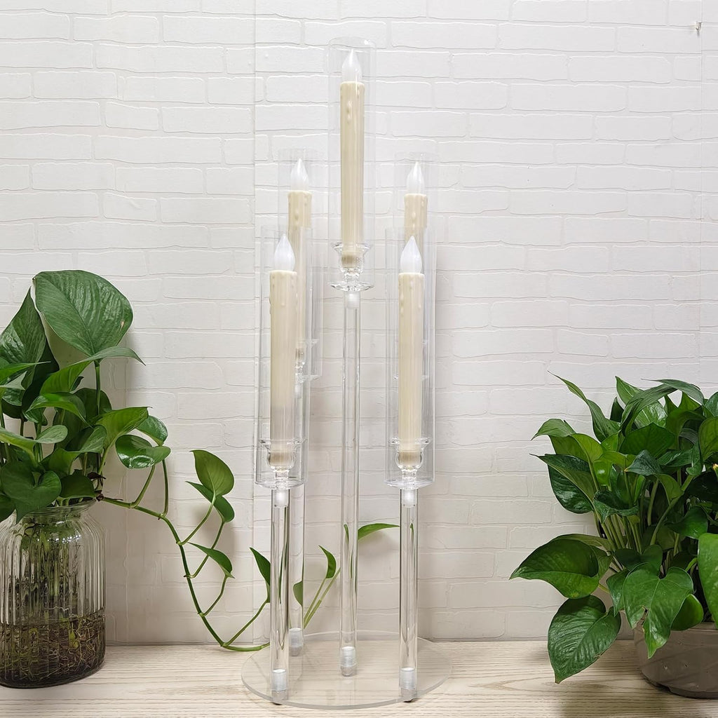 6 Set 26.8'' Tall Acrylic Candelabra Centerpieces,Clear 5 Arms Candlesticks Holder with Acrylic Shade for Candlelight