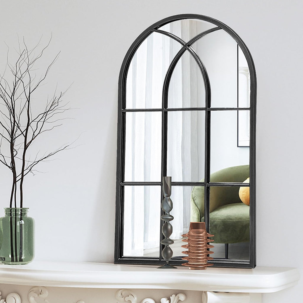 Arched Window Wall Mirror, 42"x24" Windowpane Mirror, Black