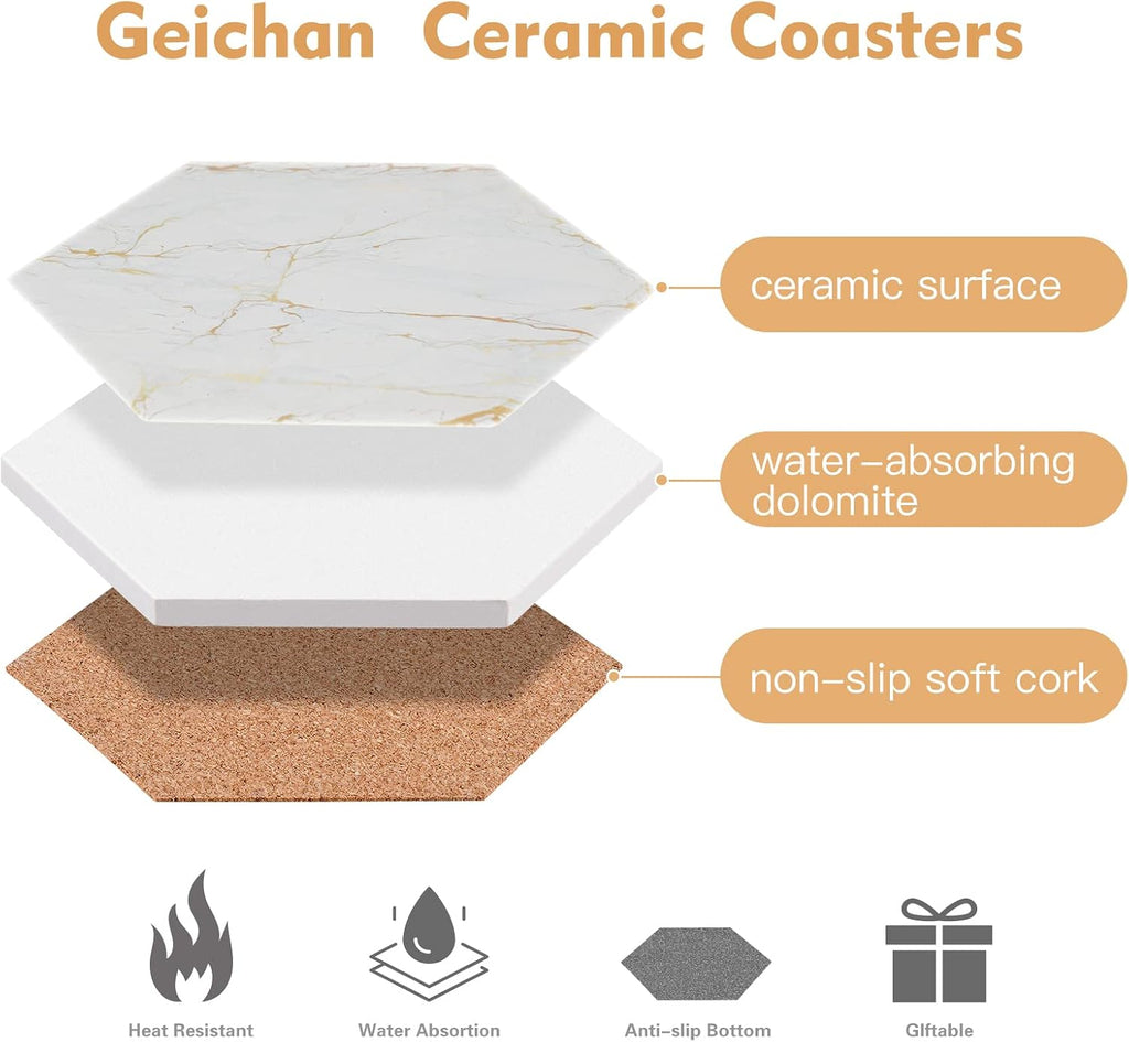 Coasters for Drinks with Holder, Absorbent Marble Coaster, Ceramic White and Gold Coasters for Coffee - Set of 8