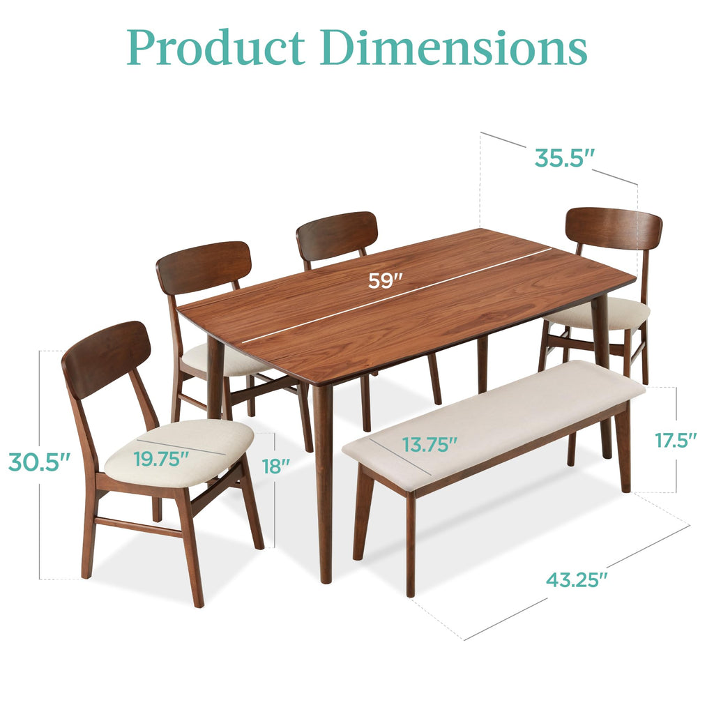 6-Piece Wooden Dining Set, Mid-Century Modern Table & Upholstered Chair Set w/Bench Seat, Rubberwood Legs