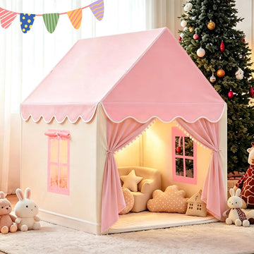 Kids Play Tent Indoor Playhouse, Princess Tent with Mat & Star Lights Pink