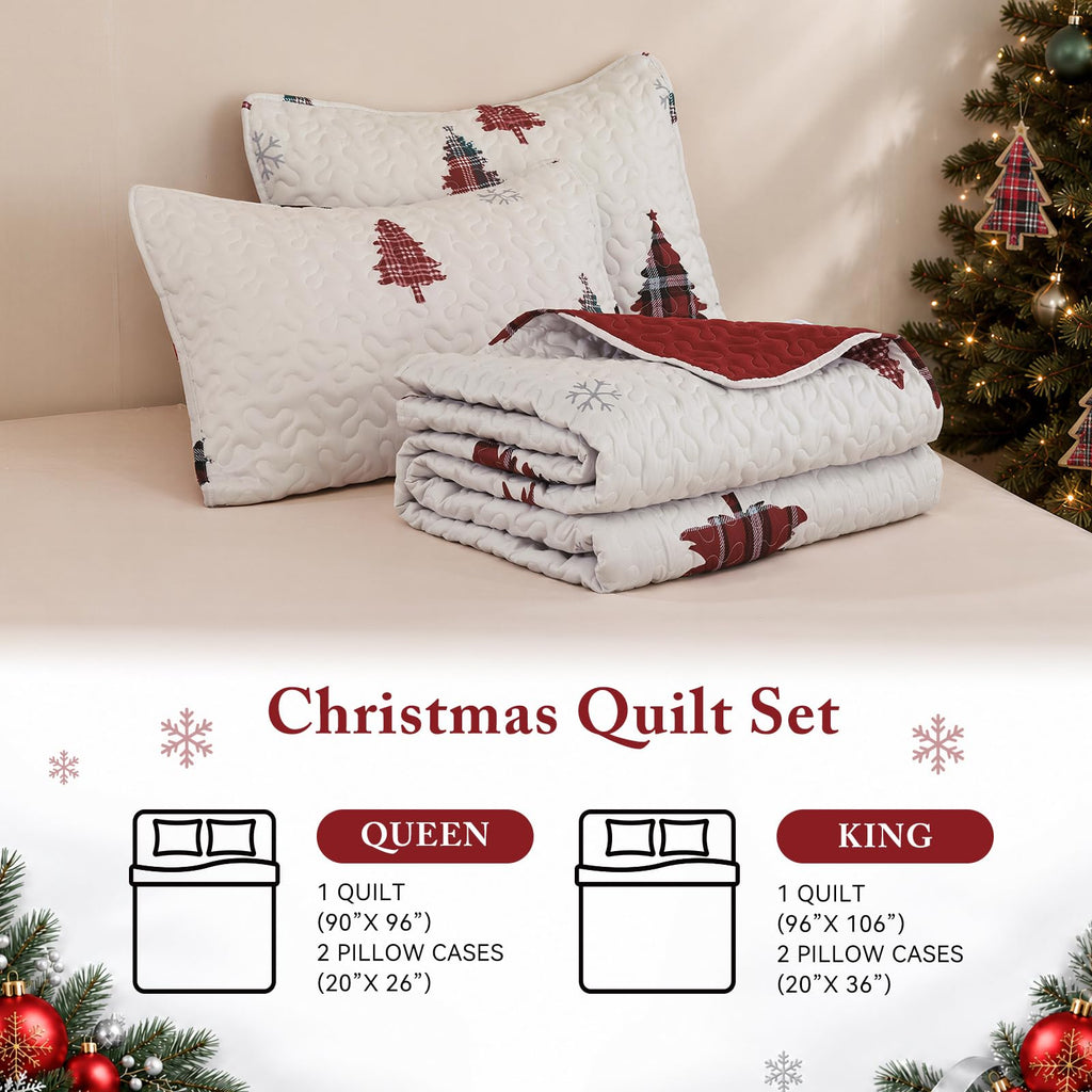 Christmas Tree Quilt Set Queen Size, Red Plaid Christmas Bedding
