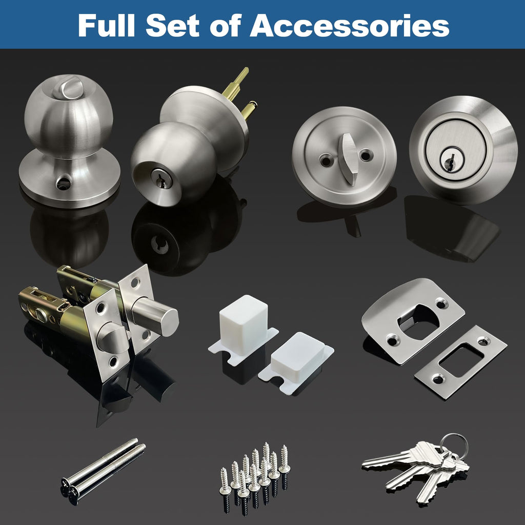 Keyed Same Exterior Door Knob and Single Cylinder Deadbolt Combo Set, Keyed Alike Entry Door Knobs with Lock and Keys