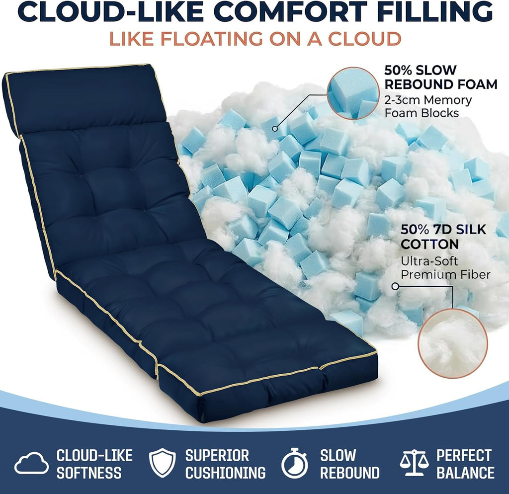 Chaise Lounge Cushion Outdoor, Memory Foam Replacement Patio Pool Lounge Chair Cushion with Ties for Outdoor