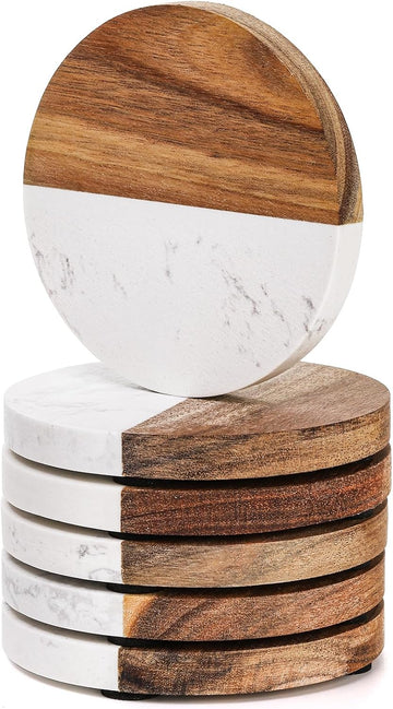 Packs Marble Wood Coasters, Round Coaster, Handcrafted Artificial Marble Coasters Set for Your Drinks - Set of 6