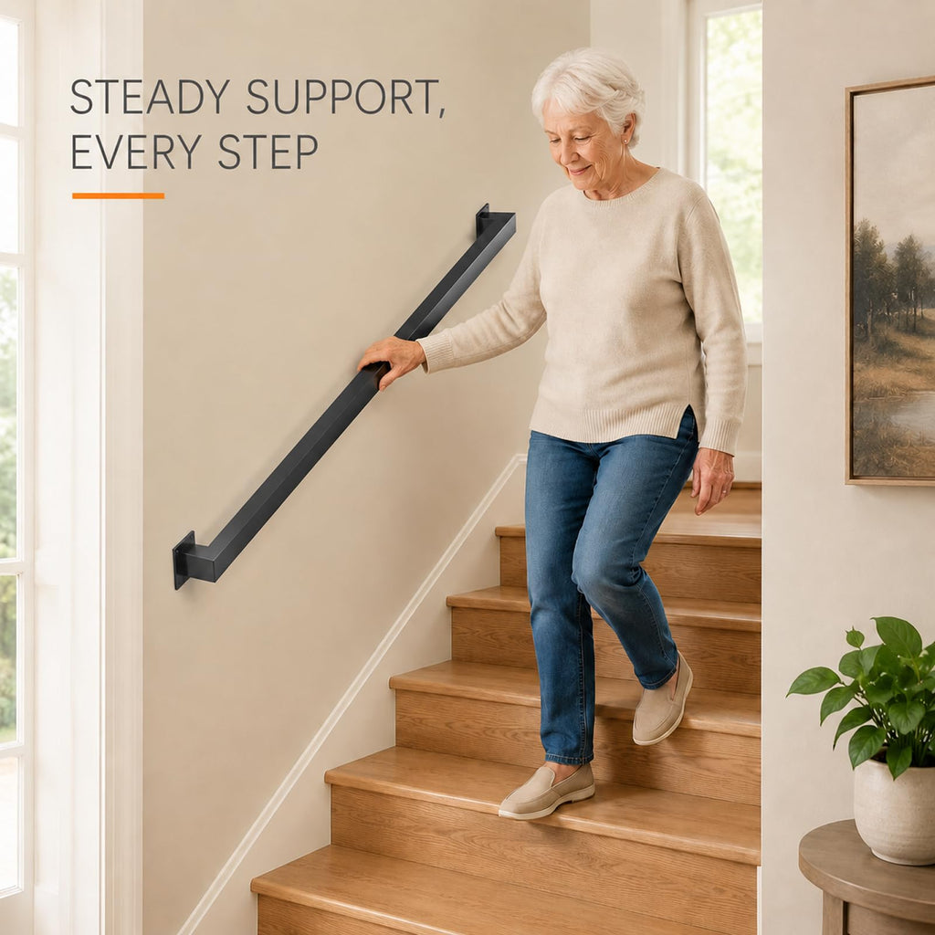 10FT Handrails for Stairs Indoor Outdoor, Step Railing Wall Mounted with Matte Black Finish, Industrial Pipe Hand