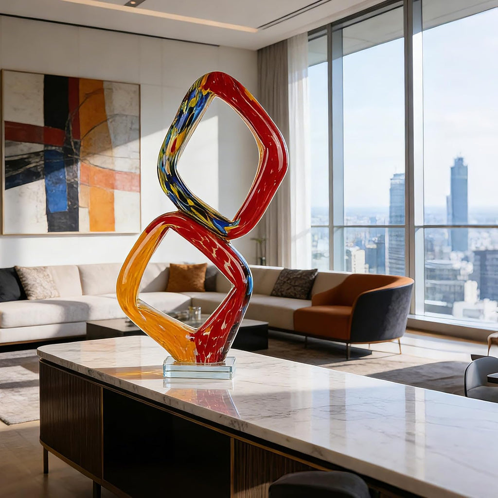 18.5′′ Hand Blown Glass Sculpture Abstract Geometric Loop Art, Murano Style Swirled Glas Contemporary Centerpiece