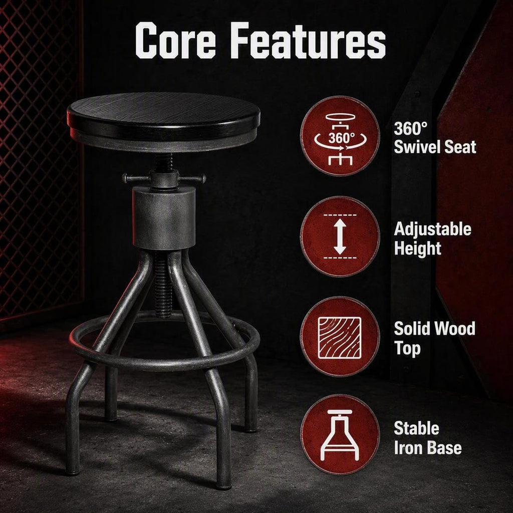 Set 2 Industrial Bar Stool-Vintage Adjustable Round Wood Metal Swivel Stools-23-30 Inch Tall Counter Bar Height