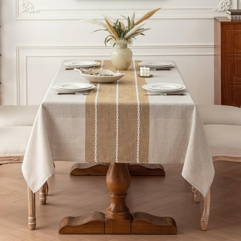 Rustic Waterproof Cotton Blend Tablecloth, Heavy Weight Embroidery Table Cover for Rectangle Tables, Burlap Farmhouse
