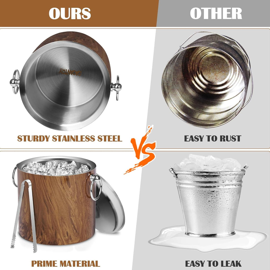 Ice Bucket with Lid & Tong- Well Made Insulated Stainless Steel Keep Ice Frozen Longer