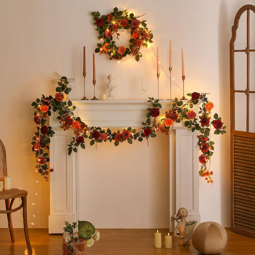 5FT Terracotta Artificial Flower Garland Fall Floral Garland Burnt Orange Arch Rose Vine for Wedding Ceremony Party - Set of 5