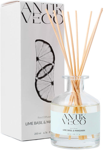 Lime Basil & Mandarin Reed Diffuser - Citrus & Herbal Diffuser 6.7 fl oz - 8 Rattan Sticks - Premium Aromatherapy Oil