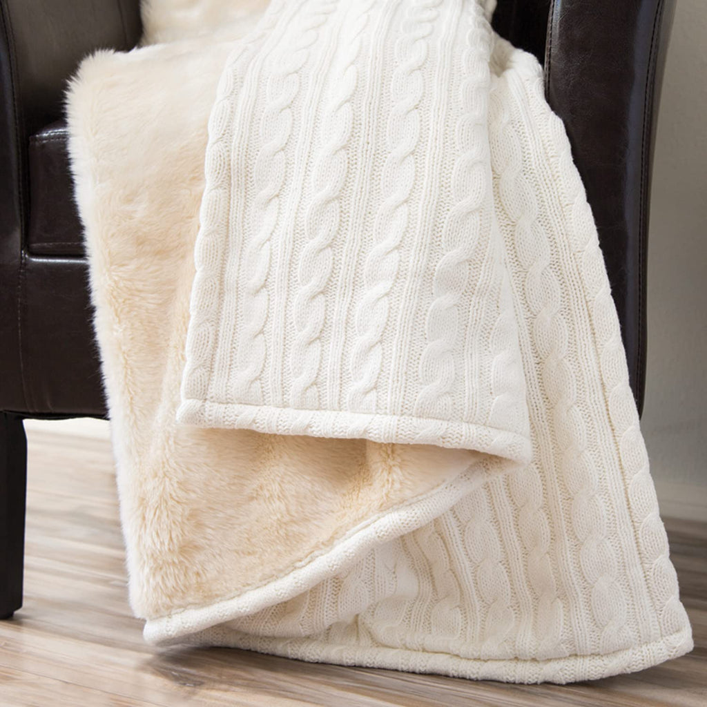 Cable Knit Plush Cotton Luxury Heavy Throw Blanket with Ulta-Soft Faux Fur Lining Decor (White, 50 x 60 inches)