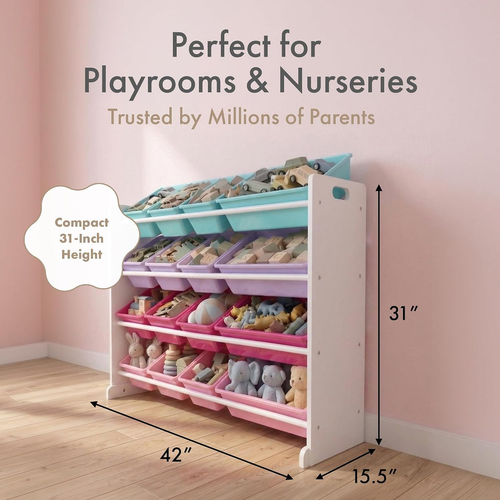 Kids Toy Organizer with 16 Bins, 4 Tier Storage | Sturdy wood and steel toddler shelf, removable BPA-free containers