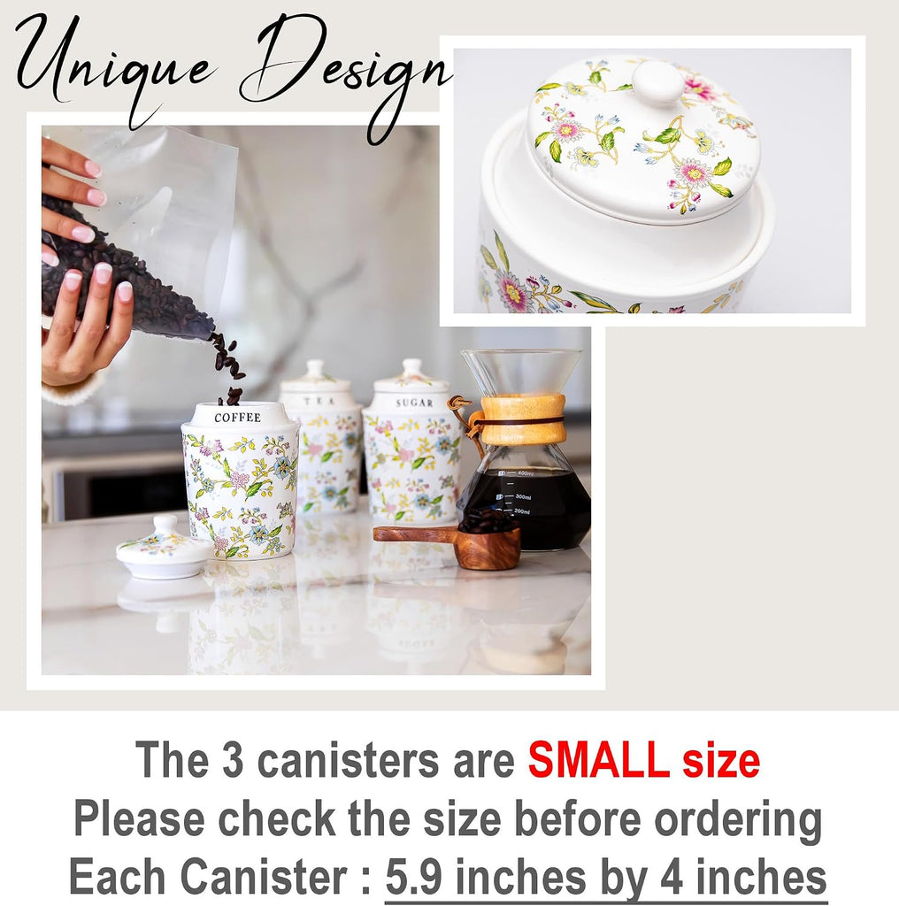 Small Coffee Tea Sugar Canister Set with Airtight Lids - Elegant Flower Kitchen Canisters Pantry Jars - Set of 3