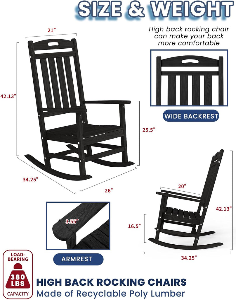 Outdoor Rocking Chair, High Back HDPE Patio Chair, All Weather Rocker Porch Chair, Lawn Chair for Deck, Porch