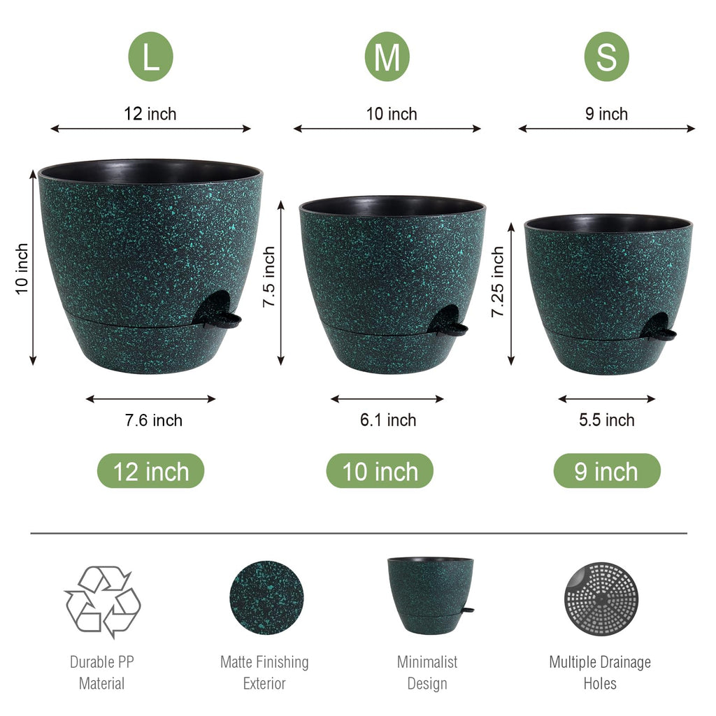 Large Self Watering Pots, 12/10/9 Plastic Planters with High Drainage Holes and Deep Reservoir for Indoor Outdoor